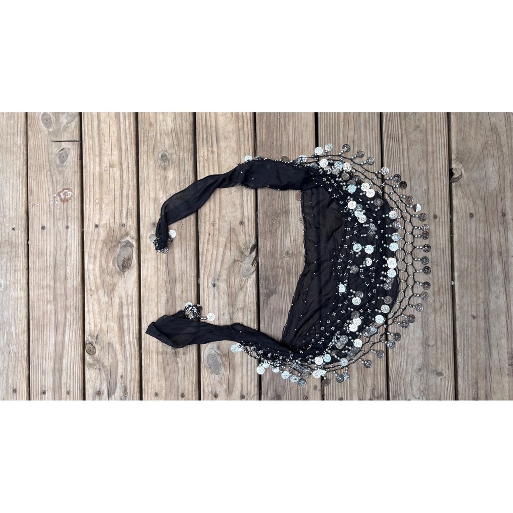 Black Sheer Belly Dance Hip Scarf Silver Coin Bead Fringe Wrap Belt Boho Gypsy